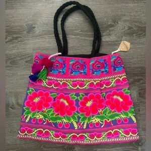 Thailand Handmade Floral Embroidered Boho Tote Bag with Pom Poms, Colorful